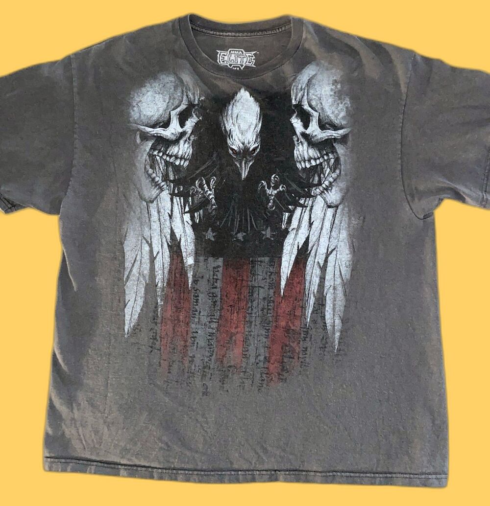 MMA Elite Men T-Shirt Gray Y2K Skull USA Eagle Graphic Crew Neck Tee XL